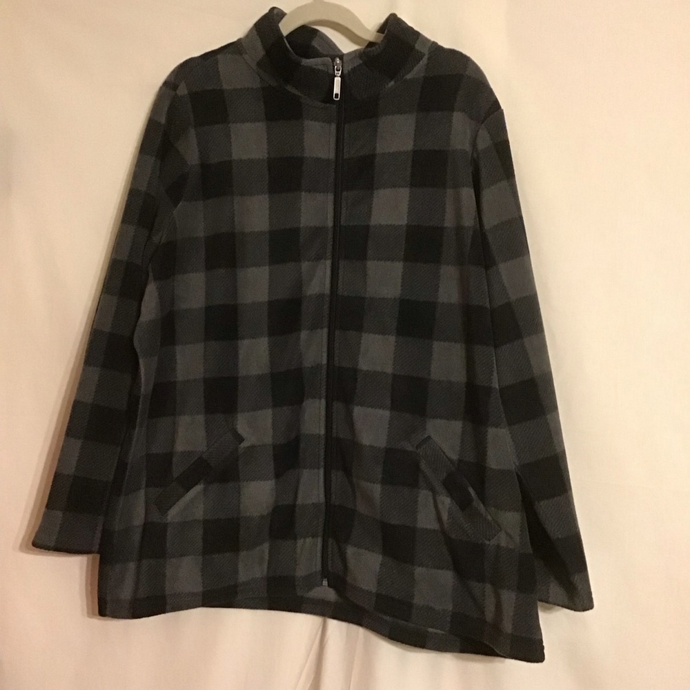 Denim & Co. Womens Black & Gray Plaid Fleece Full Front Zip Jacket w/Pockets 1X